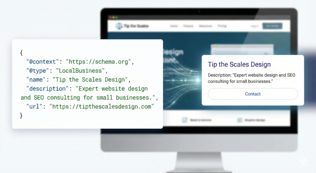 An image giving an example of what a human sees on a webpage front-end vs what an AI would see on the backend with structured data