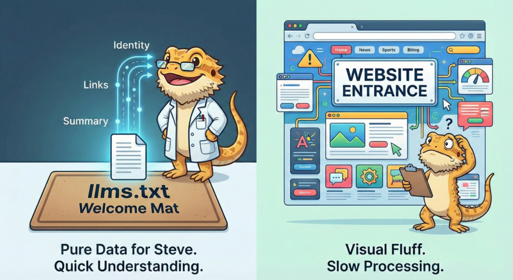 A simplified image meant to explain how llms.txt is a language script specifically to help AI read websites and cut through the visual fluff and clutter