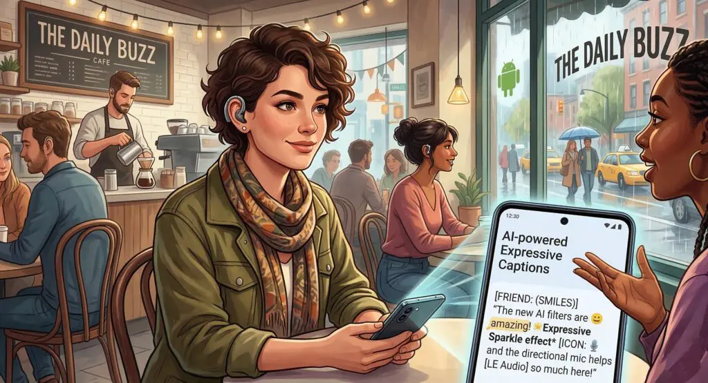 An illustration of a person confidently using a smartphone in a busy, everyday environment, utilizing their phone as a directional microphone input for their LE Audio hearing aids that utilize AI accessibility features to clarify speech in a noisy cafe.