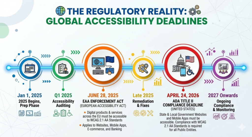 Accessibility timeline infographic mapping out global accessibility deadlines.