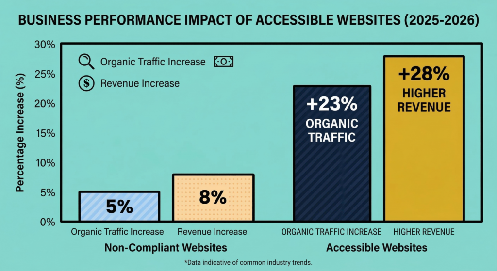 The graph highlights that sites that focus on accessibility and AI see a large increase in organic traffic and an increase in revenue.