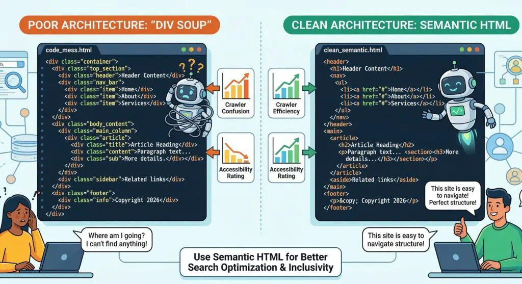 A side-by-side visual comparison of poor digital design and website architecture versus clean, accessible architecture.